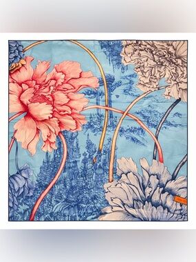 Hermes Scarf A l'Ombre des Pivoines 35x35 silk gray blue Carre shadow flower